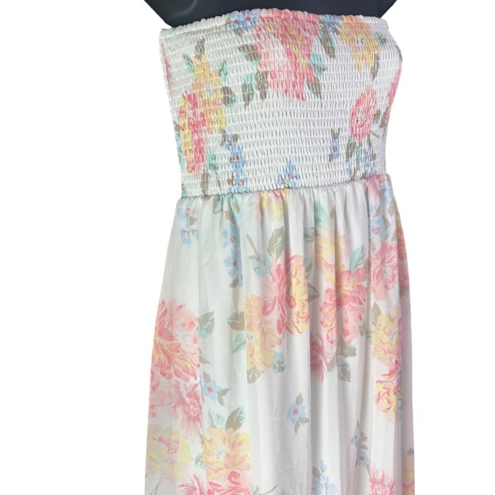 Old Navy strapless smocked tube maxi dress white fabric pink yellow floral print - Picture 2 of 7